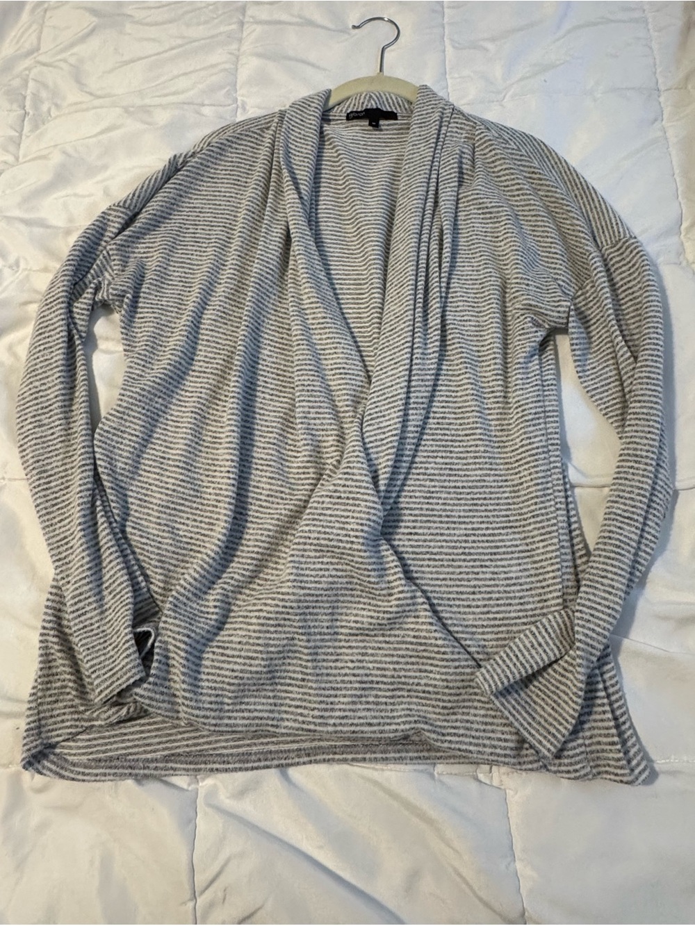 Light Gray Striped Women’s Open-Front Wrap Sweater Cardigan
